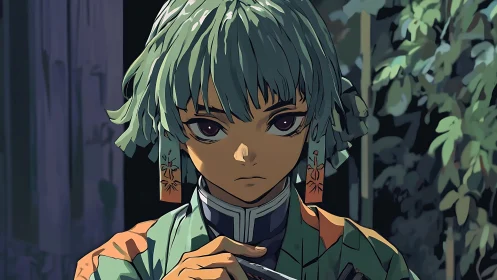 Stoic green-haired warrior in patterned kimono at dusk.
