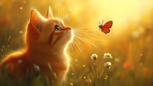 Sunlit kitten and winged wanderer share a golden pause.