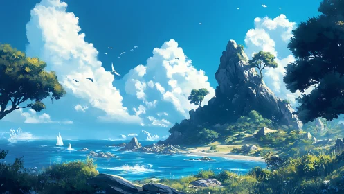 Crystalline Coastal Sanctuary with Towering Stone Peaks.