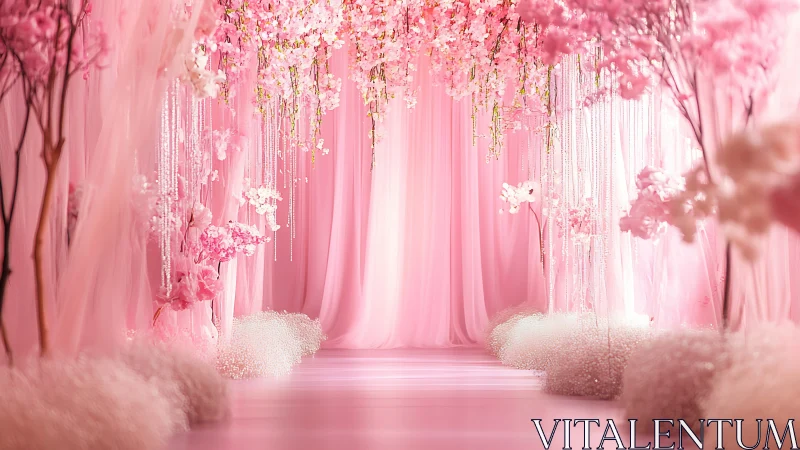 Dreamy pink blossom aisle wrapped in soft draped romance.