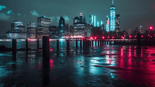 Neon city skyline glows over wet harbor at atmospheric night