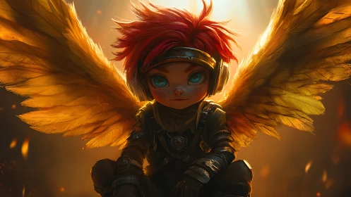 Red haired winged child in headset under warm light.