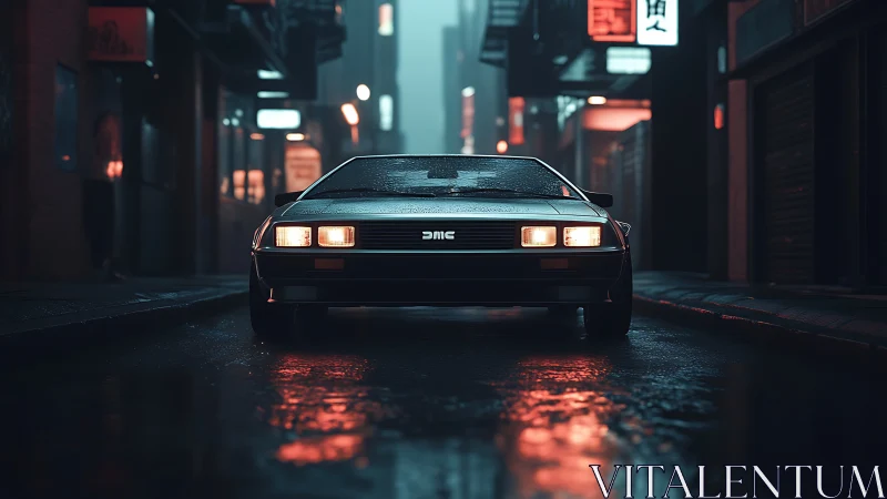 Retro DMC sports car in neon-lit rainy alleyway at night.