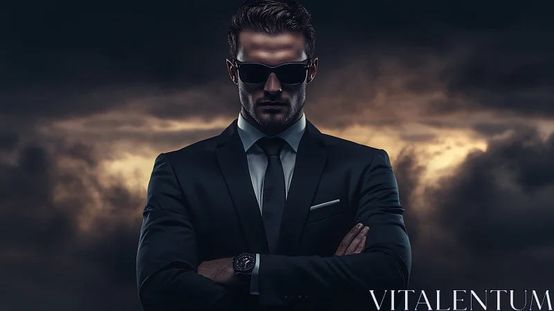 Confident man in dark suit stands powerful against stormy sky