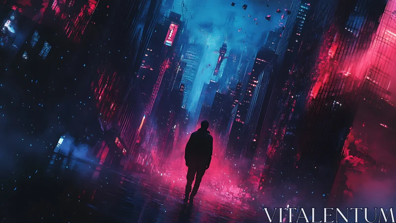Solitary figure traverses neon-split cyberpunk megacity corridor