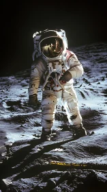 Astronaut walking on moon surface in harsh directional light.
