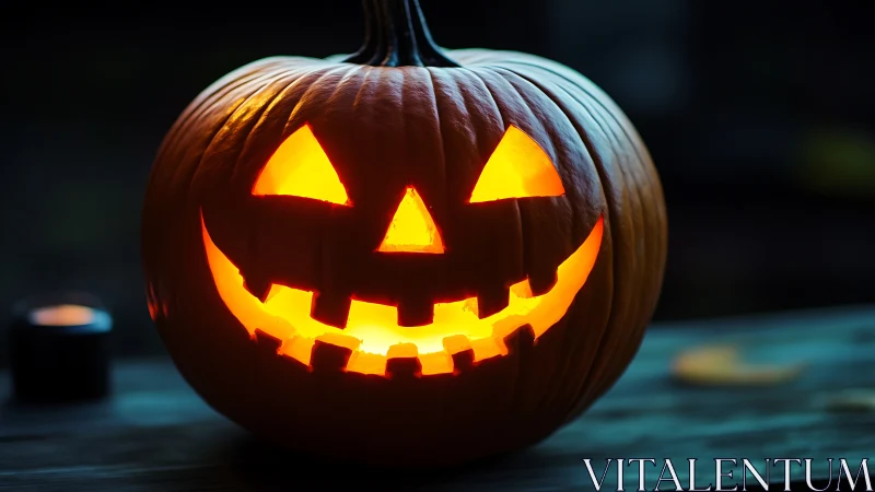 Carved jack o lantern pumpkin on wooden surface at night.