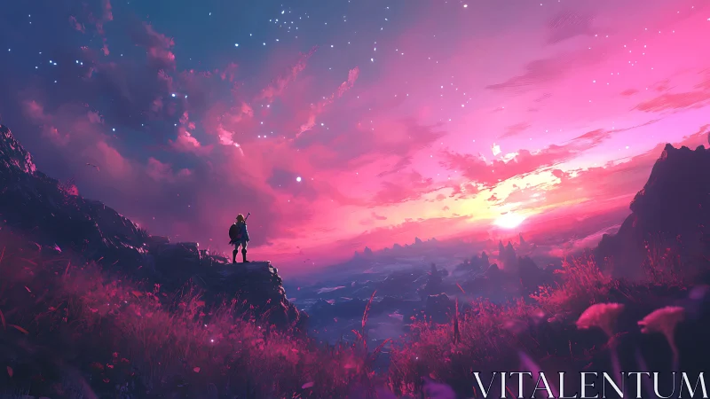 Solitary figure observes a saturated pink and blue sunset sky