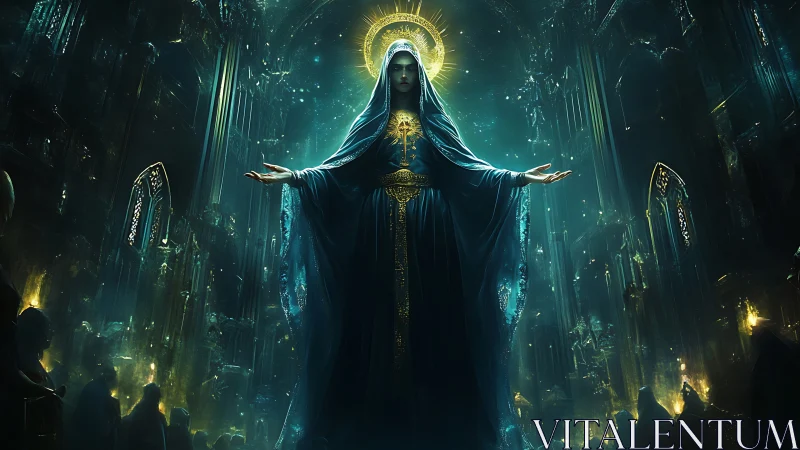 Luminescent cathedral avatar with hieratic halo symmetry.