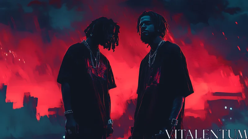 Urban duo silhouette against neon red night sky.