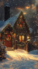 Snowlit stone cottage with luminous winter holiday garlands.