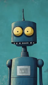 Wide-eyed blue robot sharing a curious, gentle smile.