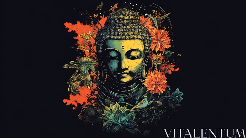 Serene golden Buddha head rests amid bright blooming flowers