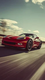 Red sports coupe cuts highway with dynamic motion blur.