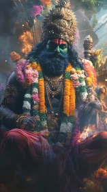 Seated mythic figure wears ornate crown and layered garlands