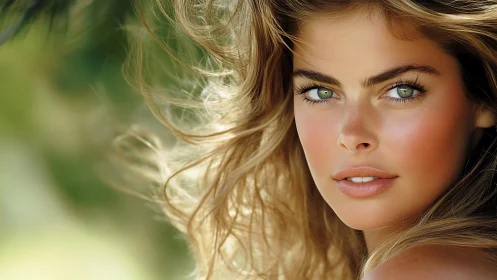 Sunlit portrait captures intense gaze and windblown hair