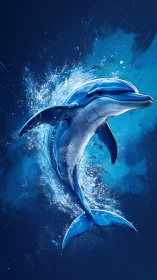 Digital illustration of dolphin emerging through blue water.