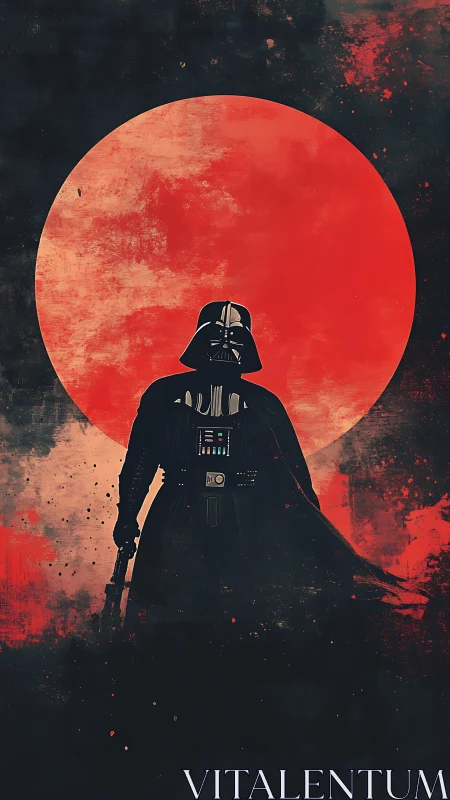 Bold dark figure strides before a blazing red moon