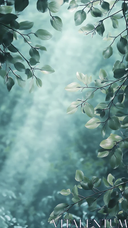 Overhead foliage with diffuse backlit branches in frame.