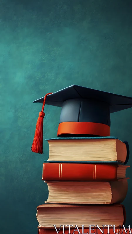 Graduation cap crowns stacked vintage books in teal space.