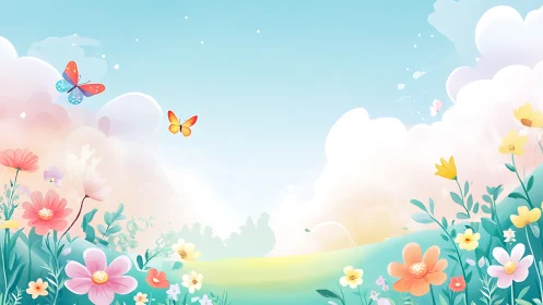 Butterflies above stylized meadow with pastel flowers and clouds.