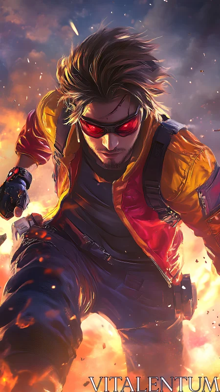 Dynamic cyber-hero sprint through explosive urban inferno.