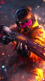 Futuristic rifleman in heated combat rendered with dynamic bokeh lighting