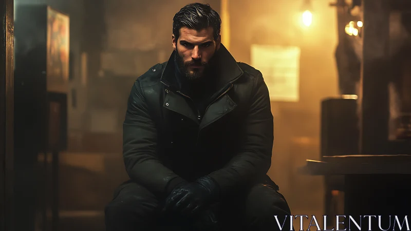 Brooding man in dark coat seated in cinematic low key light.