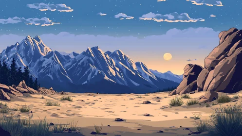 Mountain desert valley at dusk with moonlit rocky skyline.