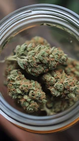 Cozy glass jar cradling frosty green herbal blossoms.