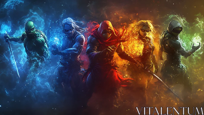 Elemental warriors aligned in vivid chromatic battle auras.