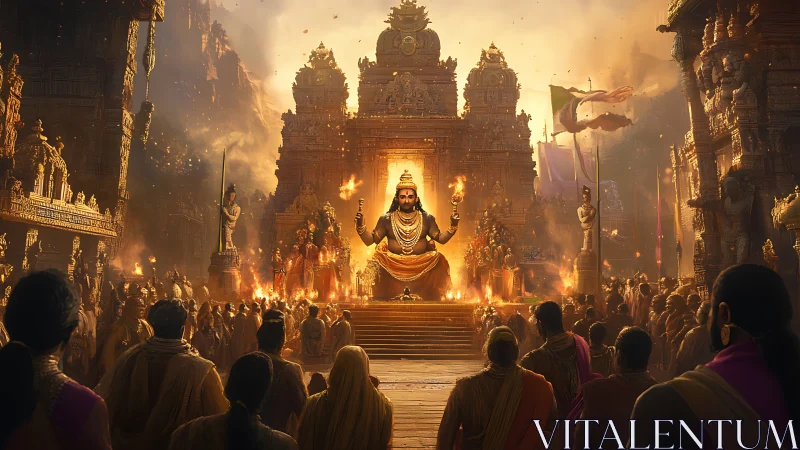 Divine temple procession under molten sunset lighting.