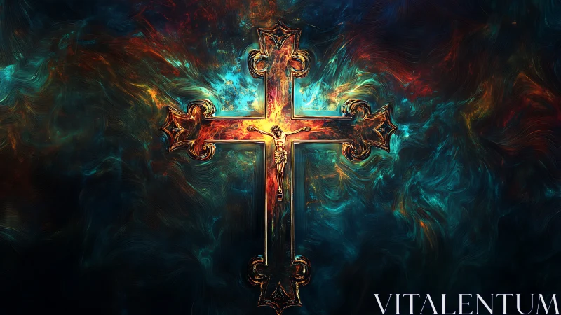 Radiant crucifix glows amid swirling cosmic nebula colors.