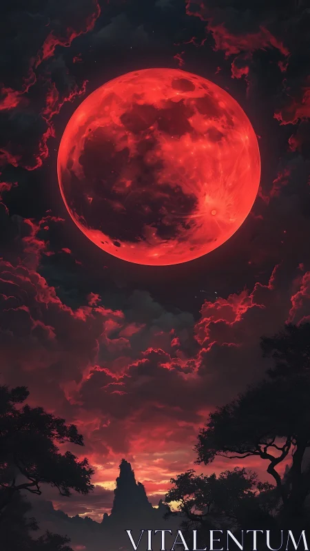 Crimson moon hangs over shadowed peaks and glowing clouds