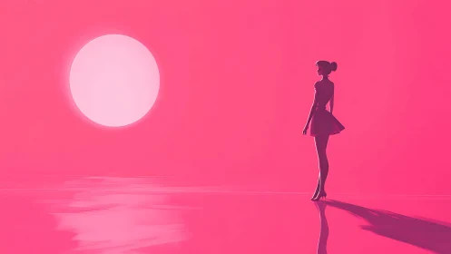 Silhouetted girl observes oversized sun in neon pink void