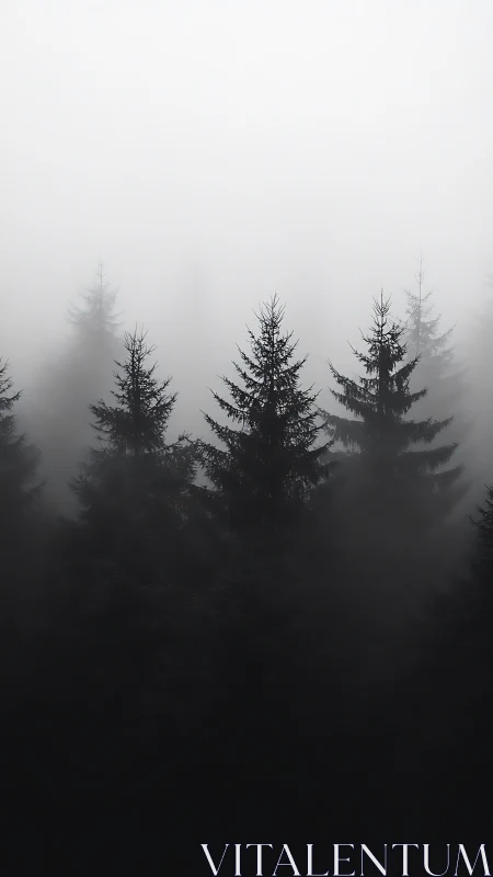Dense coniferous treetops receding into uniform white fog.