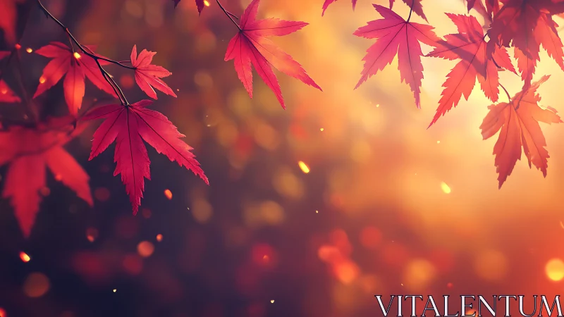 Backlit red maple foliage rendered with shallow depth of field glow