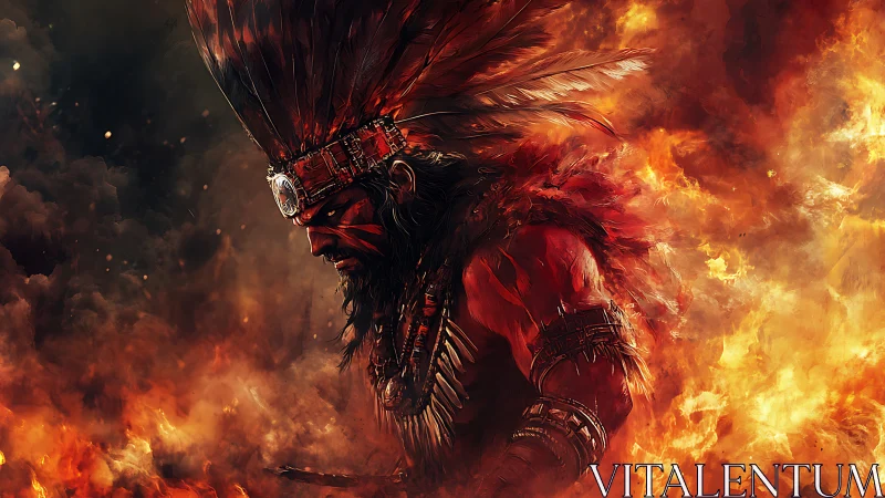 Fiery warrior shaman emerging through incandescent flames.