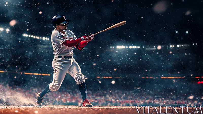 Digital stadium drama: batter mid-swing under floodlights.