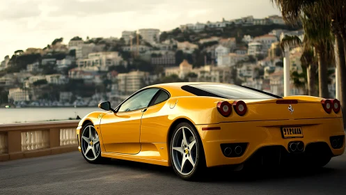 Yellow mid‑engine supercar on coastal boulevard at dusk.