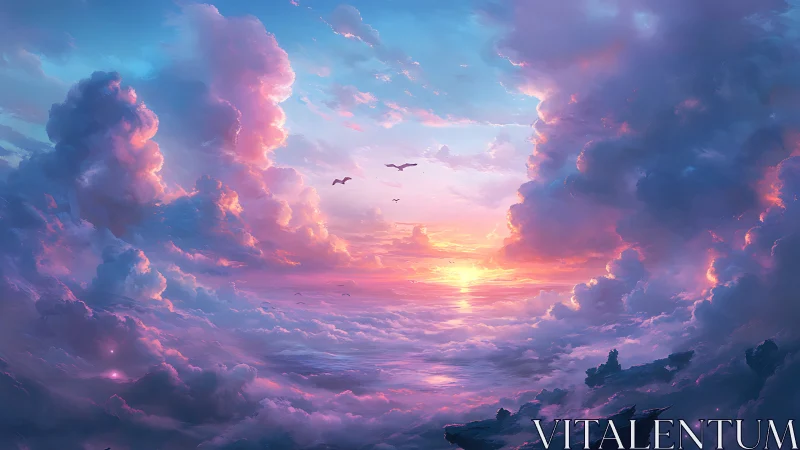 Sunset illuminates dense clouds above distant ocean horizon