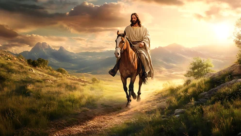 Rider in flowing robes crossing golden mountain valley at dawn.