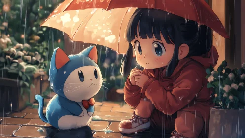 Girl and blue cat share umbrella on rainy garden street.
