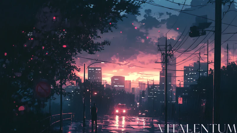 Neon city street glows at dusk in gentle summer rain.