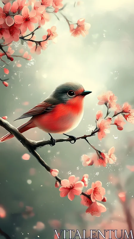 Small songbird on flowering branch in soft pastel light.
