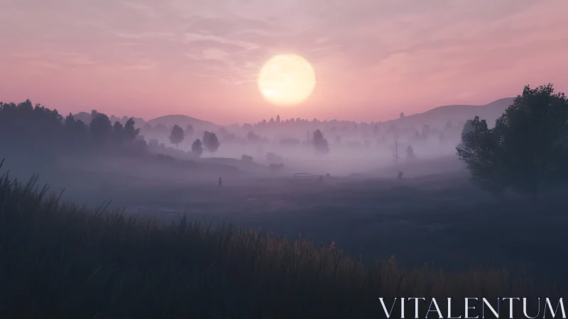 Volumetric dawn over mist-layered valley terrain gradient.