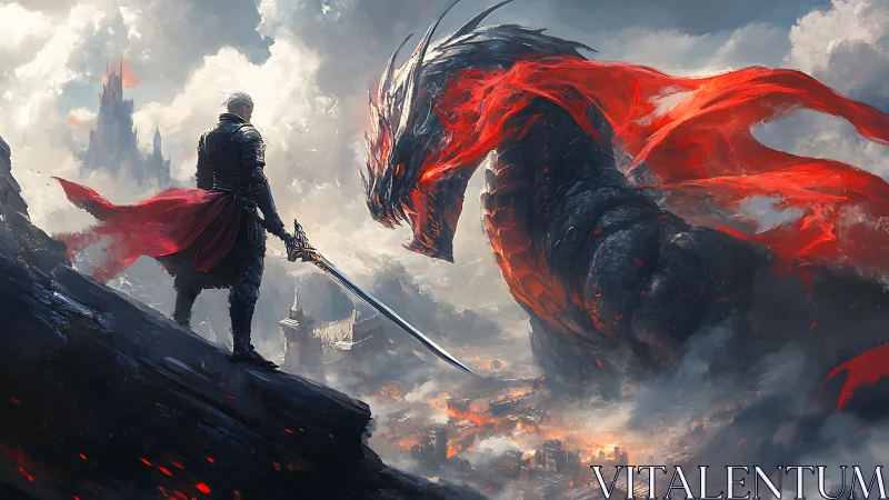 Armored warrior confronts a fiery red dragon above ruins.