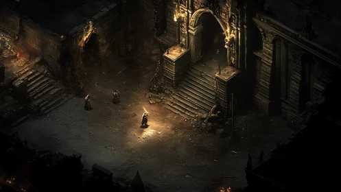 Adventurers gather by torchlight at an ancient stone gate.