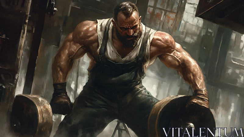 Muscular mechanic lifts massive steel weights in gritty workshop.