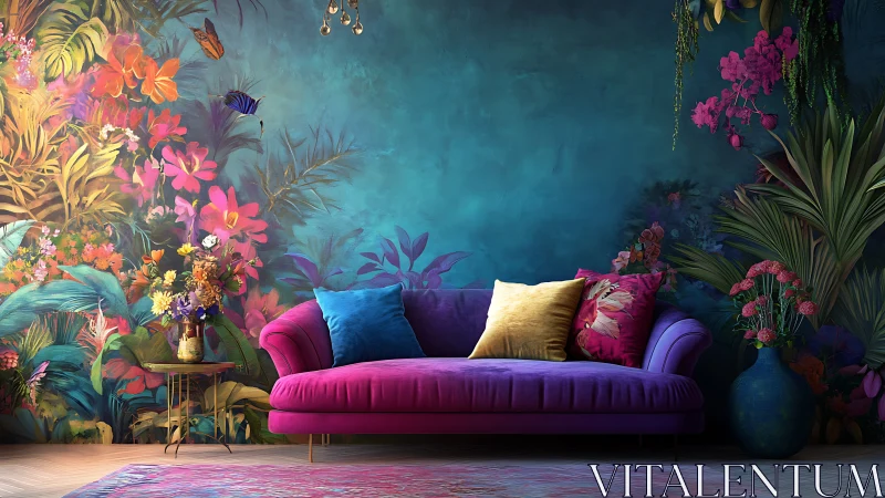 Vibrant velvet sofa nestles into a lush tropical mural dream